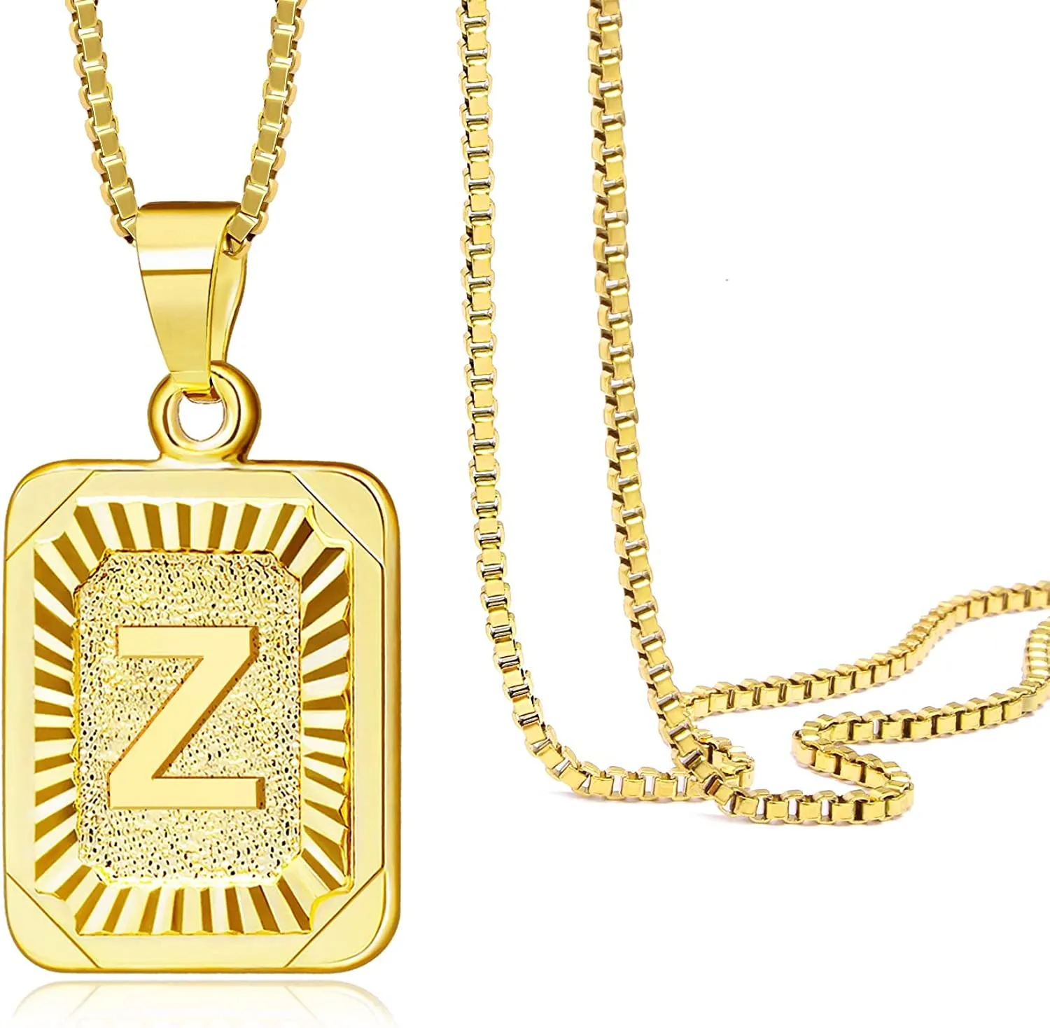 Rectangle Necklace with Monogram Letters Monogram 18K Gold Plated Stainless Steel Box Chain