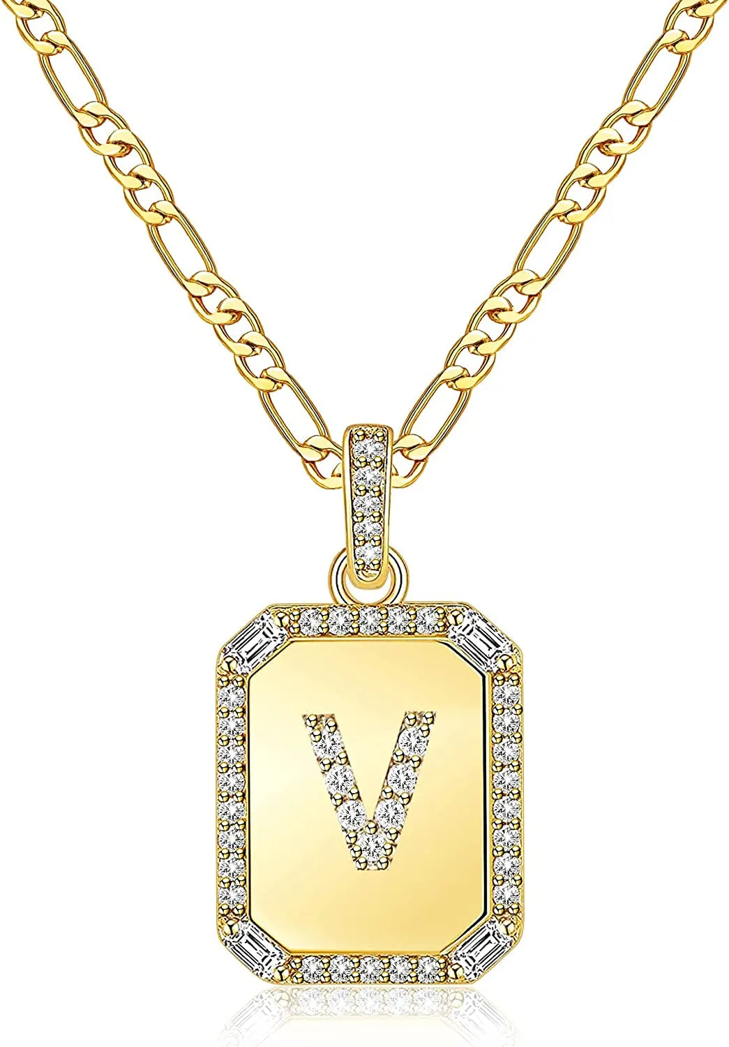 Rectangle Necklace with Monogram Letters Monogram 18K Gold Plated Stainless Steel Box Chain