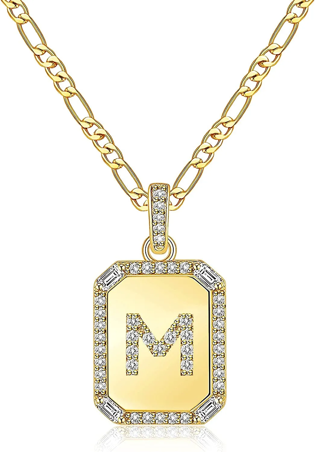 Rectangle Necklace with Monogram Letters Monogram 18K Gold Plated Stainless Steel Box Chain