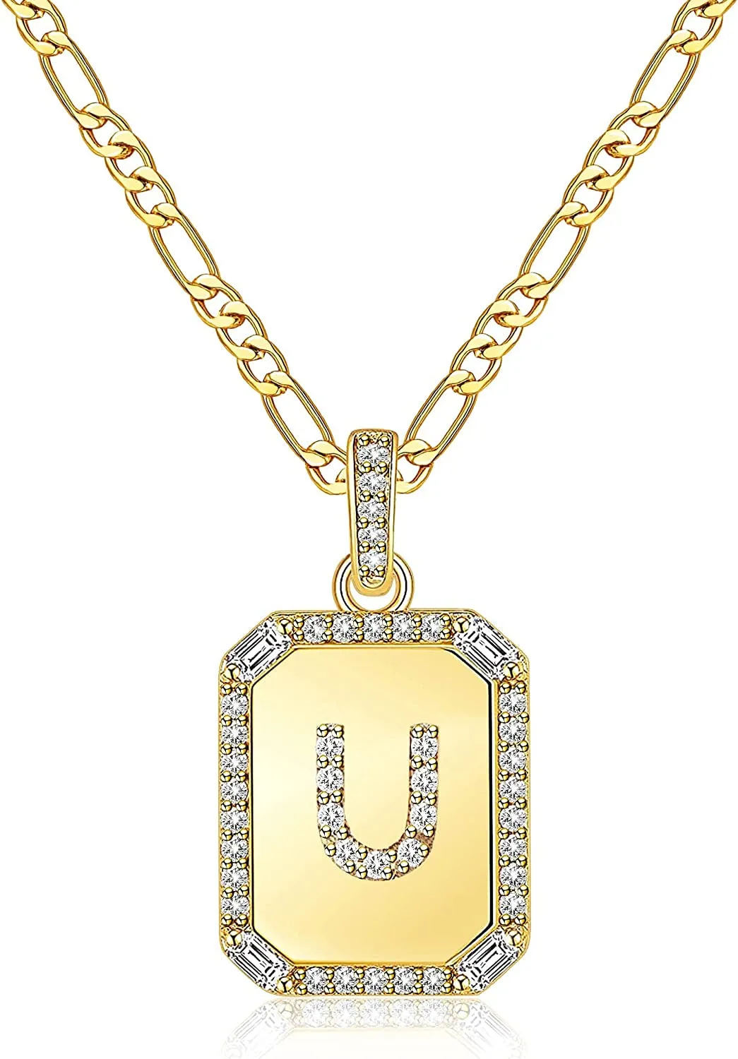 Rectangle Necklace with Monogram Letters Monogram 18K Gold Plated Stainless Steel Box Chain