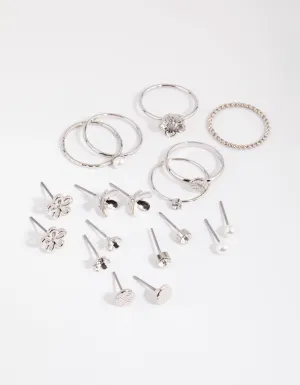 Rhodium Flower & Pearl Earring & Ring Pack