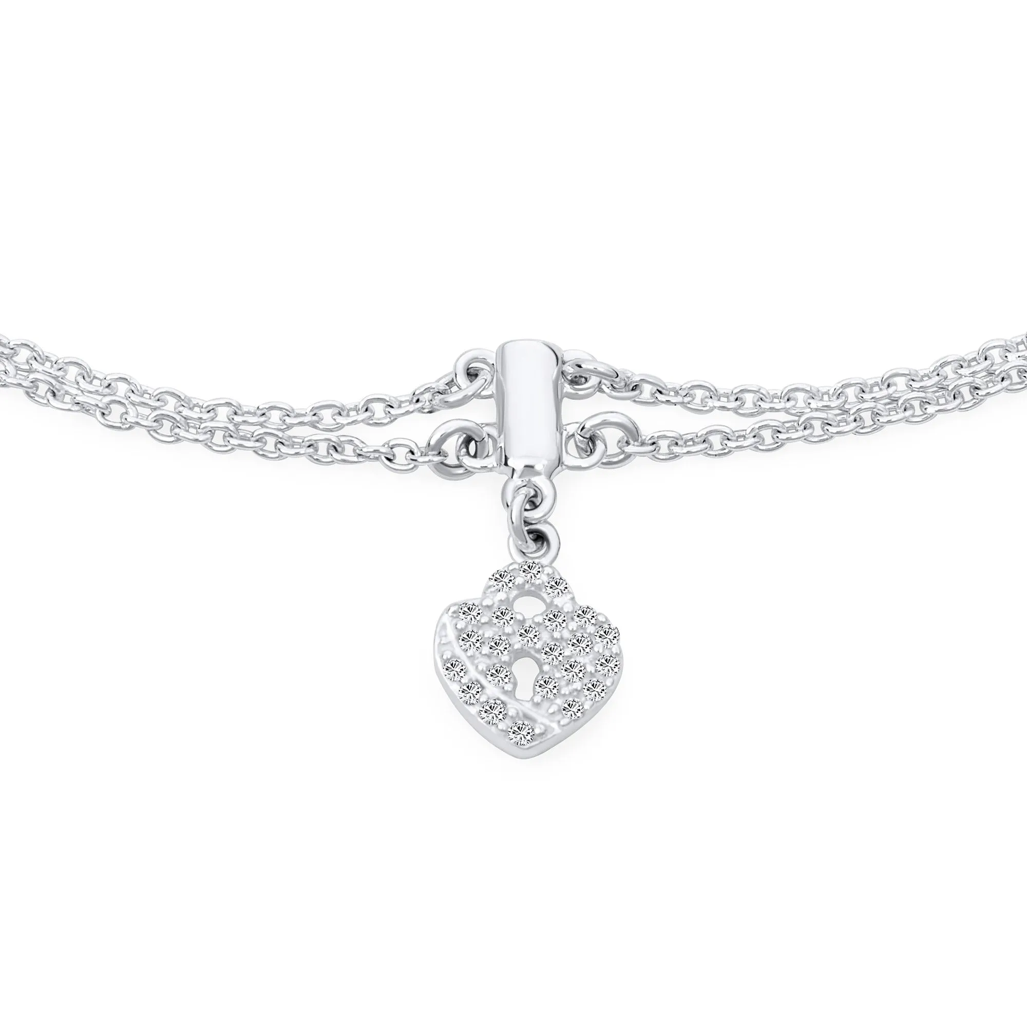 Romantic Double Chain CZ Heart Anklet Ankle Bracelet Sterling Silver