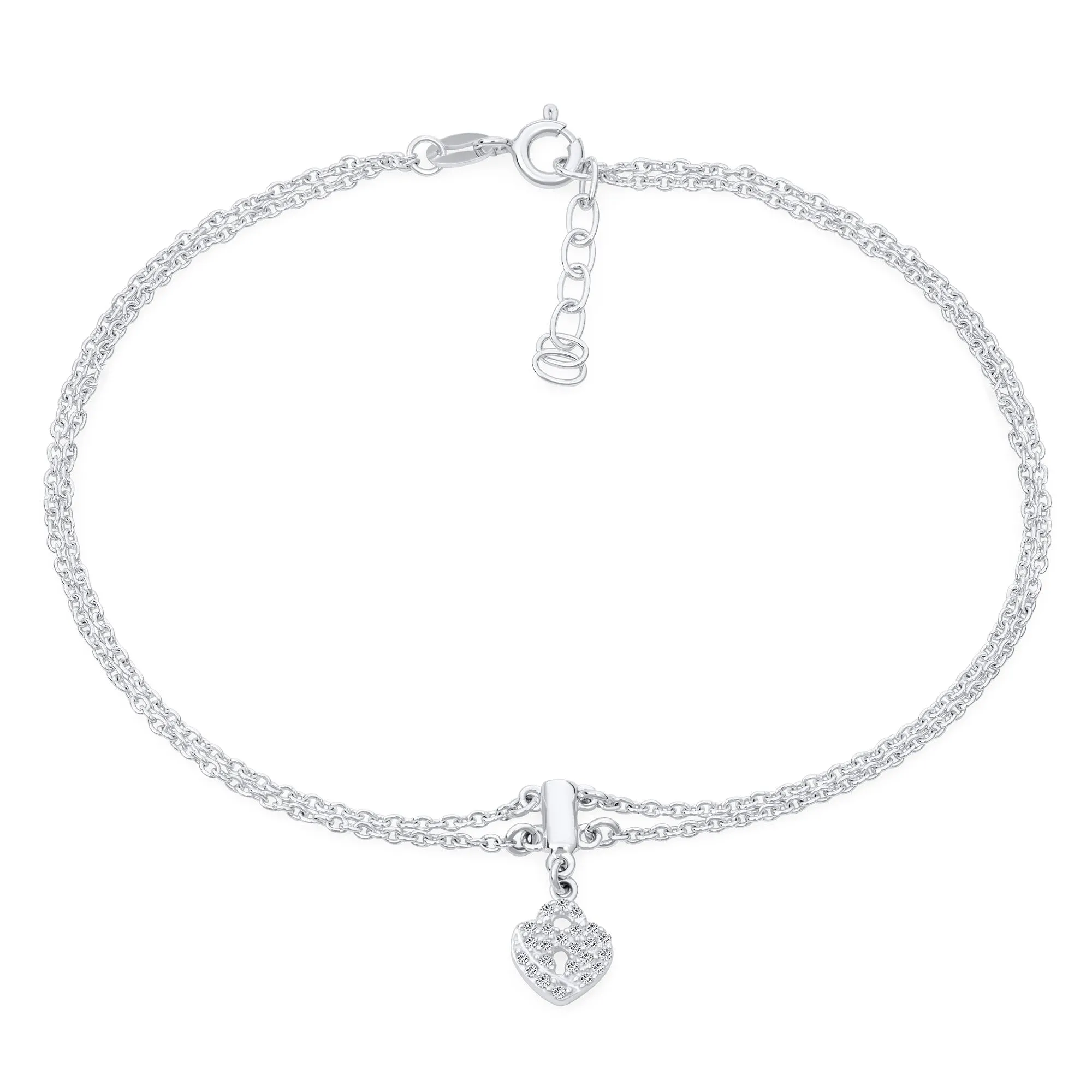 Romantic Double Chain CZ Heart Anklet Ankle Bracelet Sterling Silver