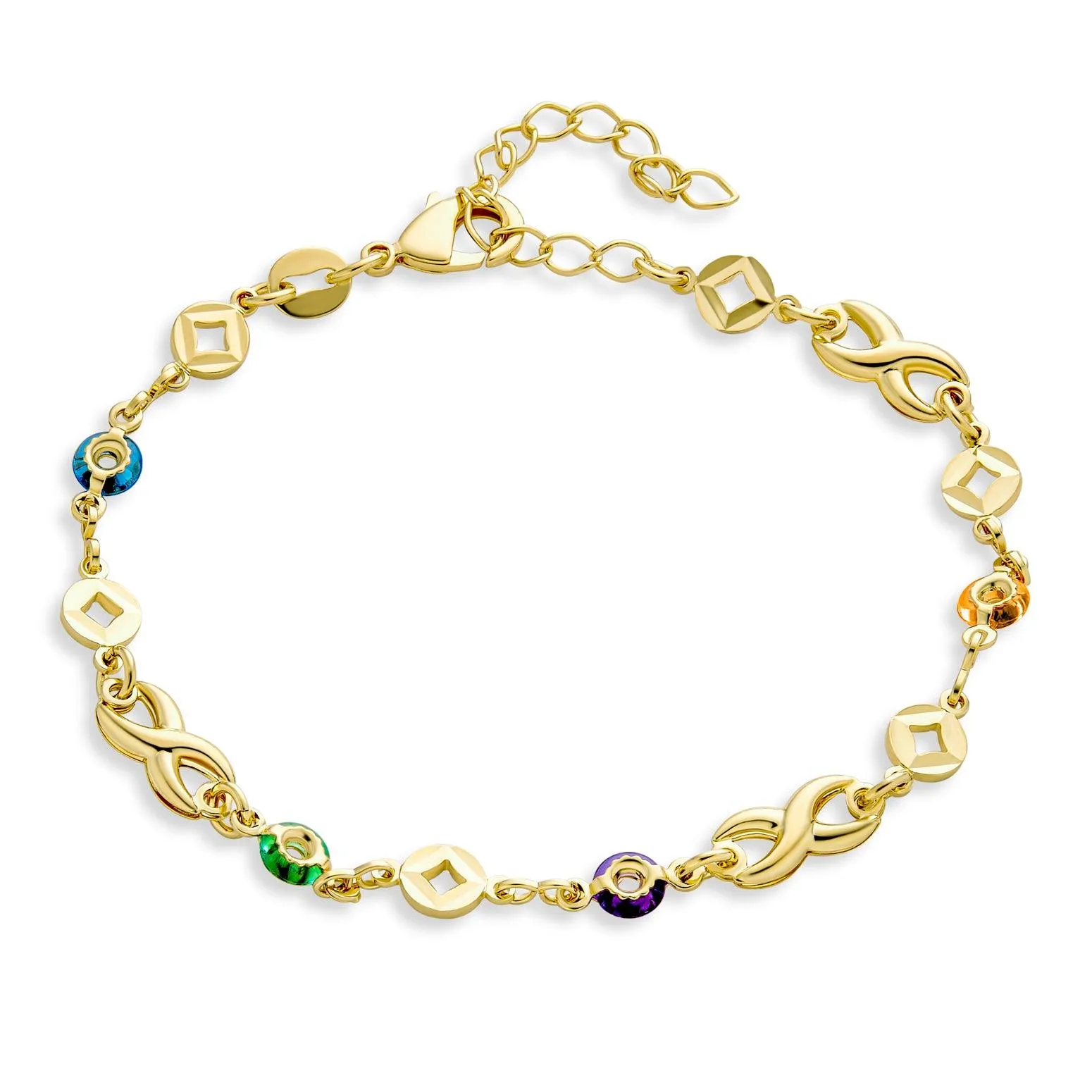 Romantic Jewel Tone Crystal Infinity Bracelet 18K Gold Plated 7.5 Inch