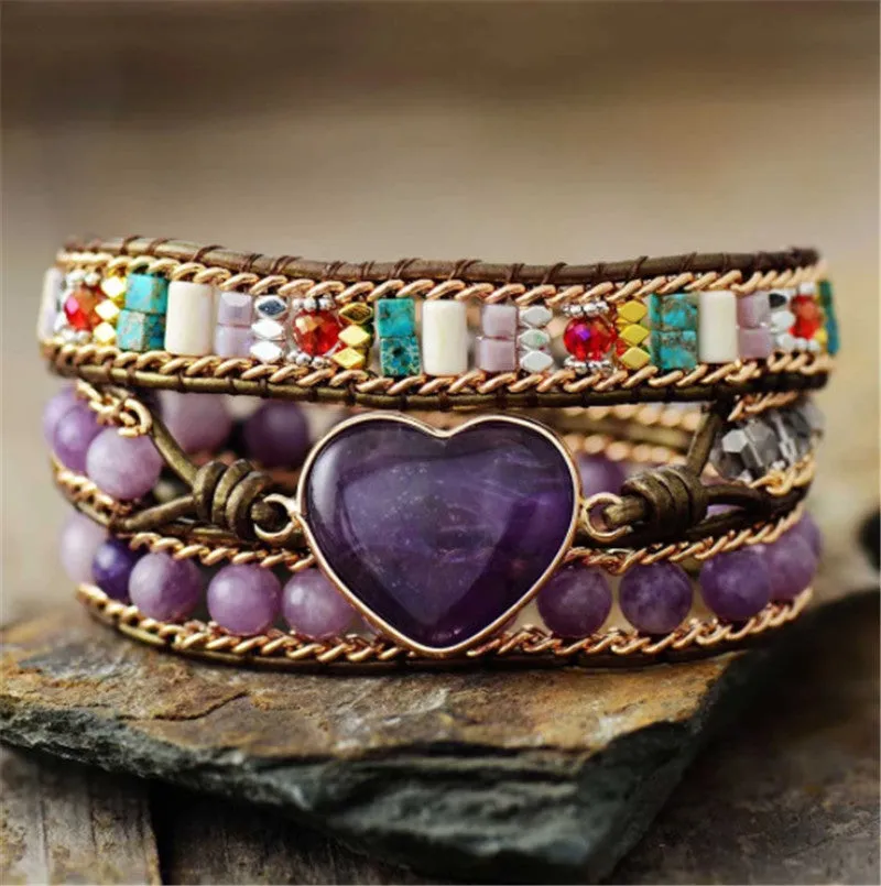 Romantic Violet Heart Leather Bracelet