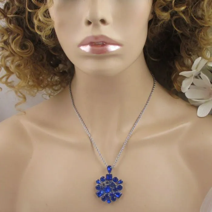 Royal Blue Crystal   Flower Pendant Necklace