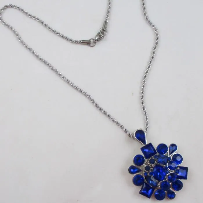 Royal Blue Crystal   Flower Pendant Necklace