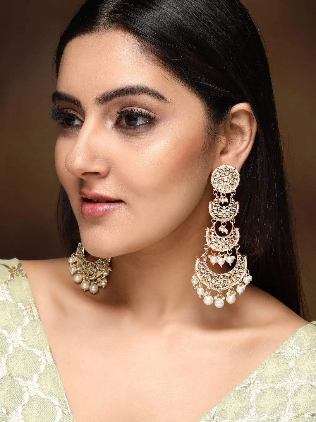 Rubans 24K Gold Plated Handcrafted Kundan & White Pearls Chandelier Earrings