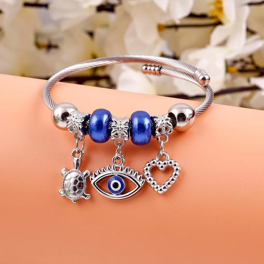 Silver Charm Bracelet with Blue Beads and Silver Charms