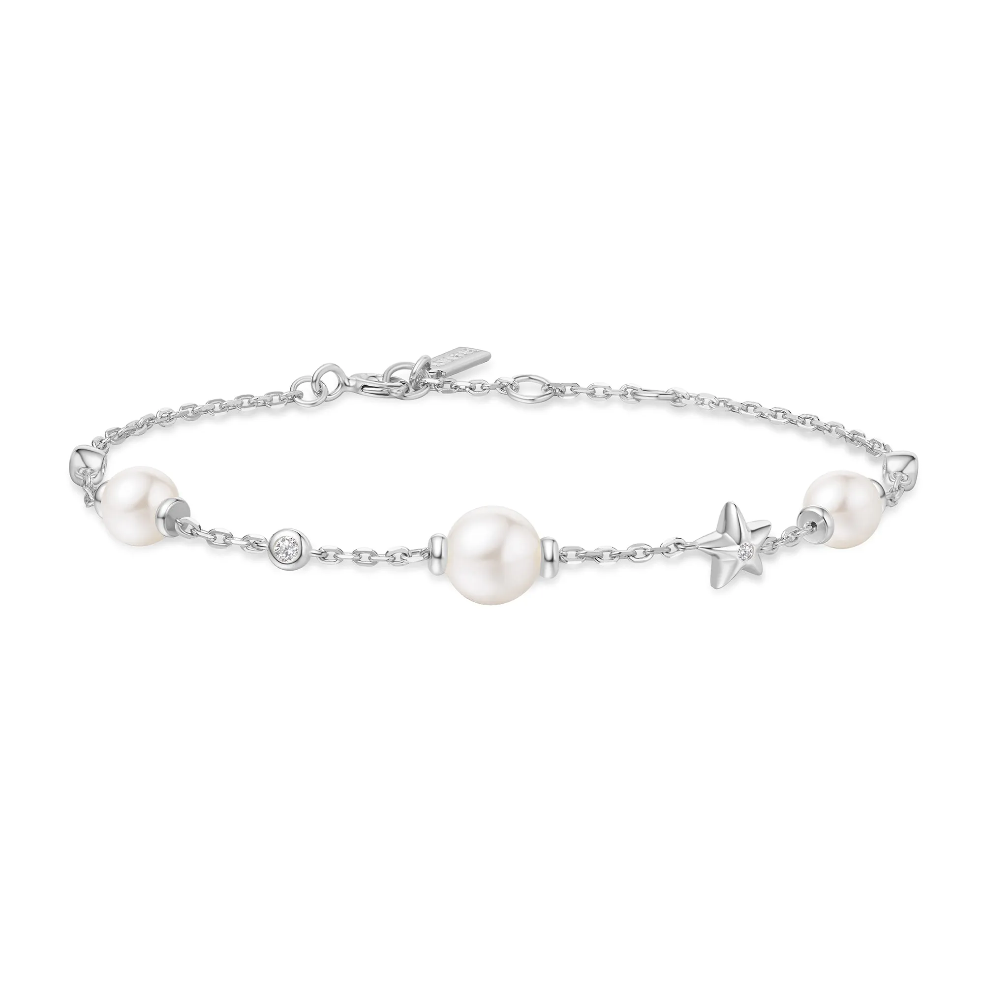 Silver Pearl and Star Station Bracelet