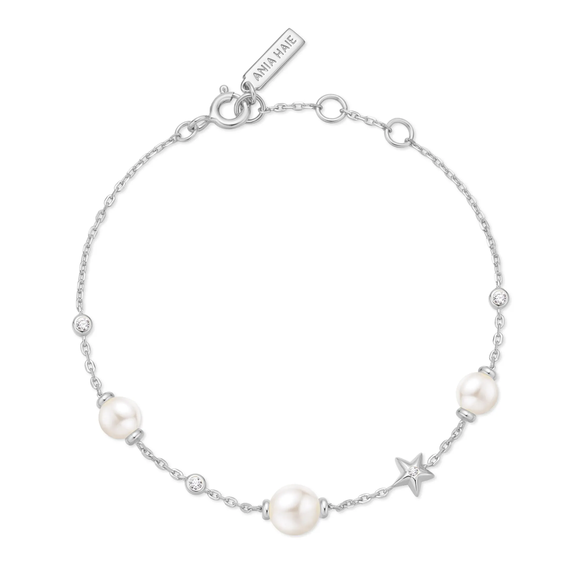 Silver Pearl and Star Station Bracelet