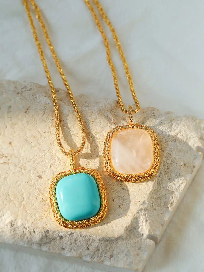 Square Pink Crystal Turquoise Necklace Pendant