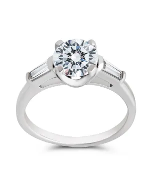 Sterling Silver 4-Prong Brilliant Cut & Baguette Accent Engagement Ring