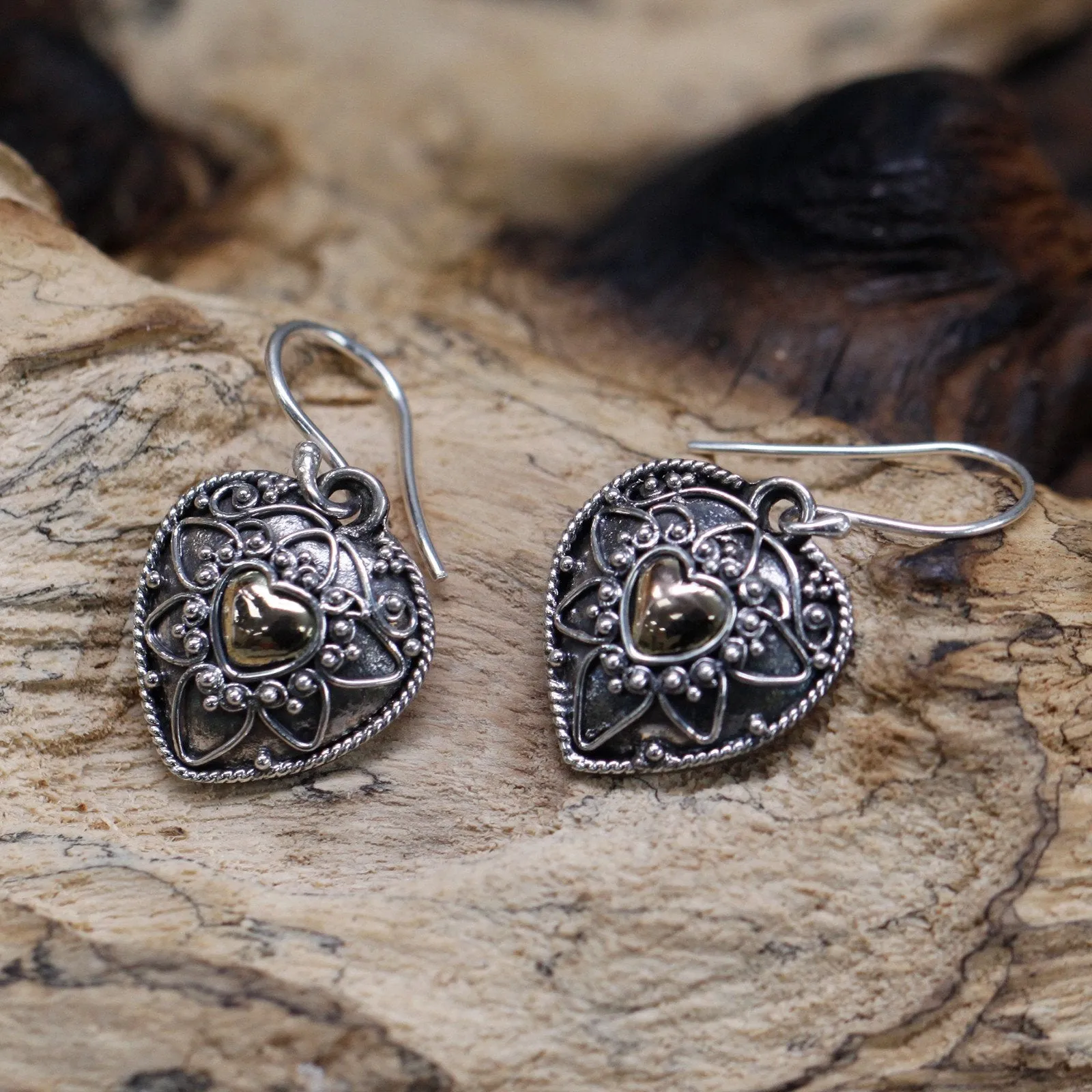 Sterling Silver & 18ct Gold Earrings - Mandala Hearts