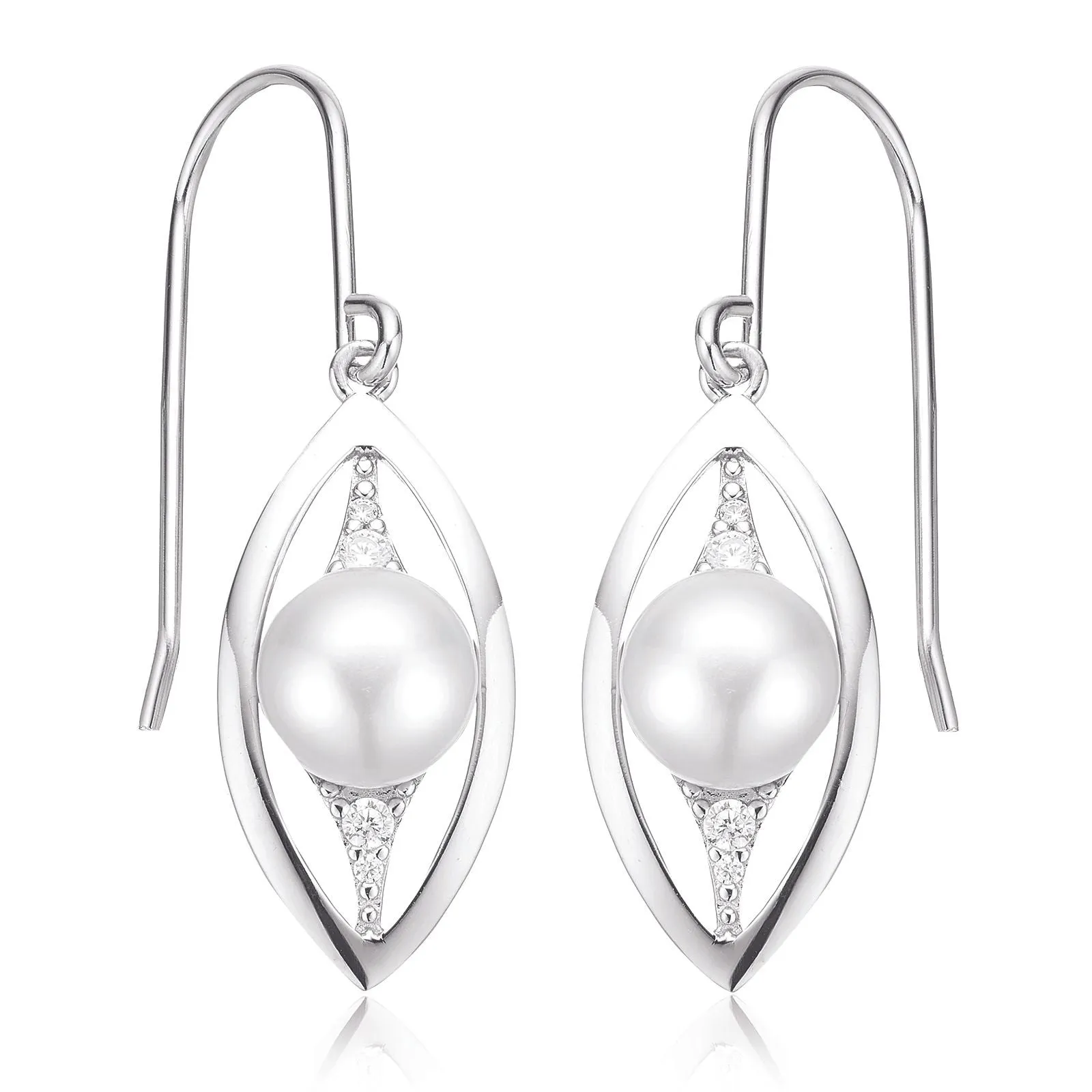 Sterling Silver Freshwater Pearl 7.5-8 mm White Cubic Zirconia Earrings