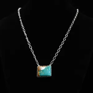 Sterling Silver Paperclip with Square Royston Turquoise Stone Necklace