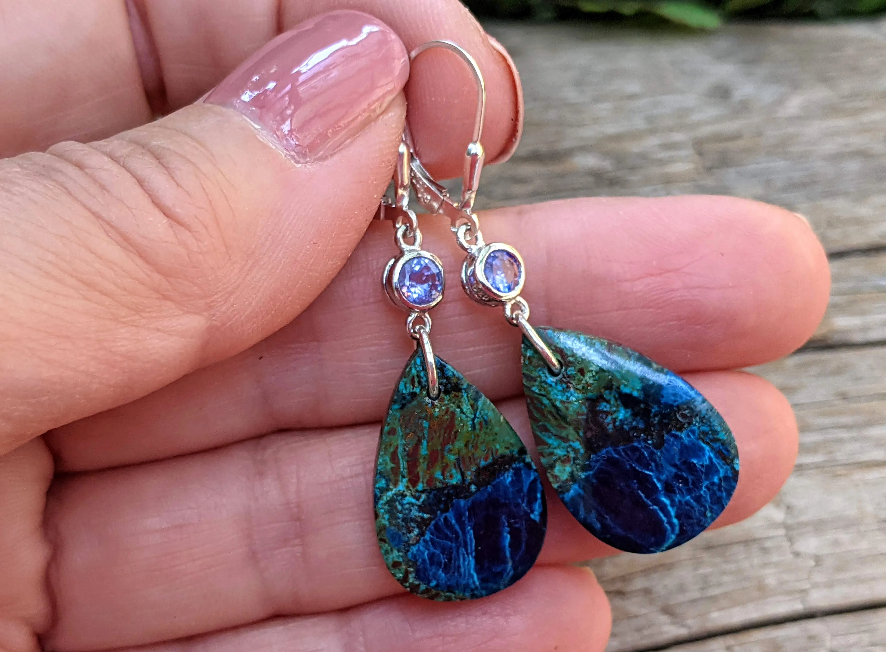 Tanzanite & Chrysocolla Artisan Sterling Silver Earrings