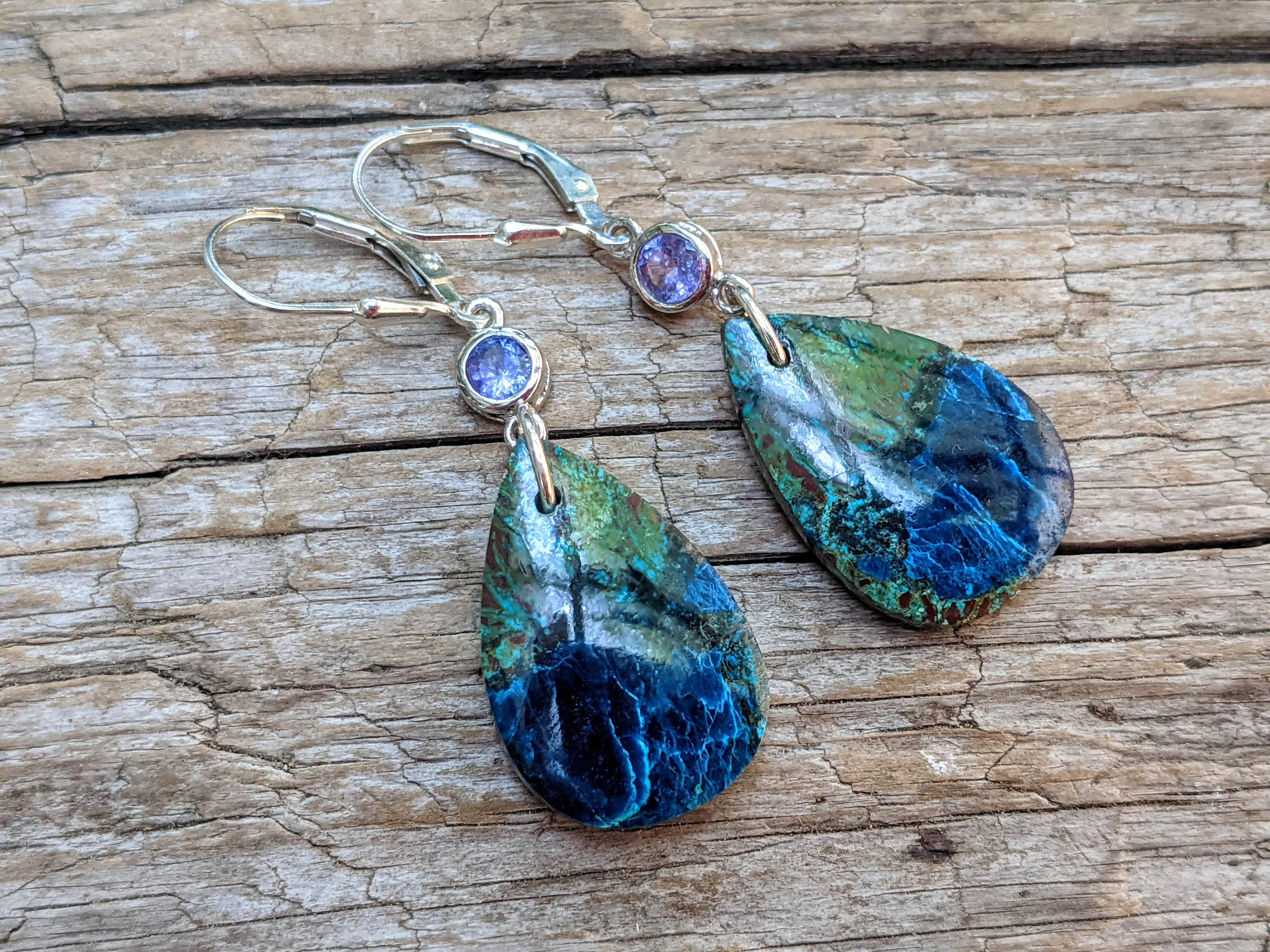 Tanzanite & Chrysocolla Artisan Sterling Silver Earrings