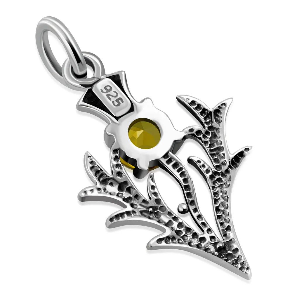 Tiny Silver Scottish Thistle Pendant set w/ Citrine