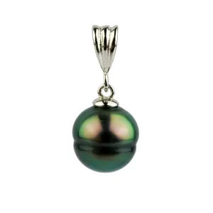 Vibrant Peacock Green Circled 10.2mm Tahitian Pearl Pendant on Sterling Silver