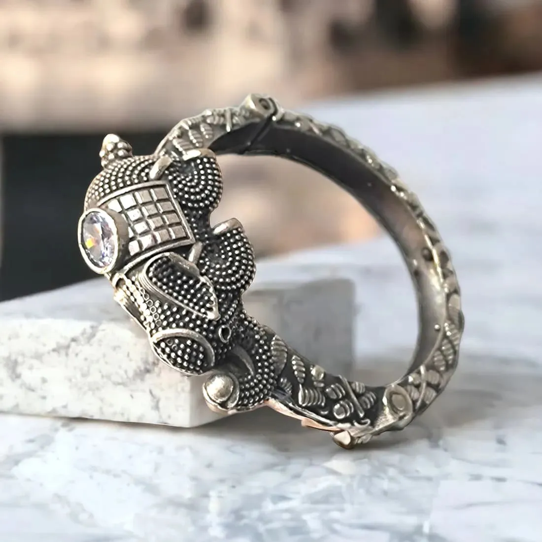 Vintage Elephant Silver Lookalike Kada Bangle, White