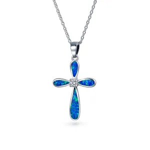 Vintage Faith Hope Love CZ Gemstone Blue Opal Cross Pendant Necklace Silver