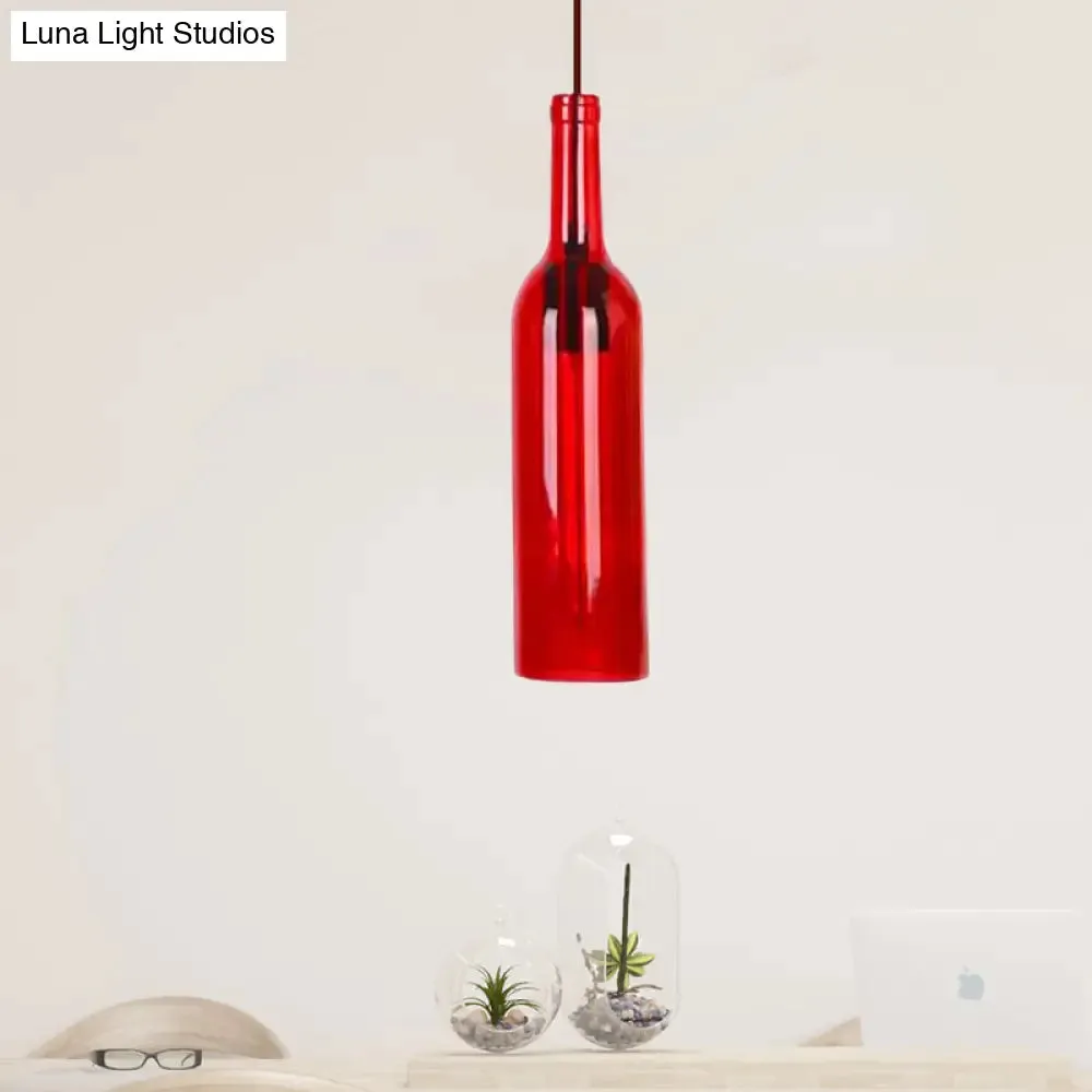 Vintage Glass Wine Bottle Suspension Lamp - Red/Yellow 1 Head Hanging Light Fixture for Dining Room