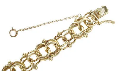 Vintage Heavy Double Link Rope & Smooth Link Charm Bracelet in 14 Karat Gold