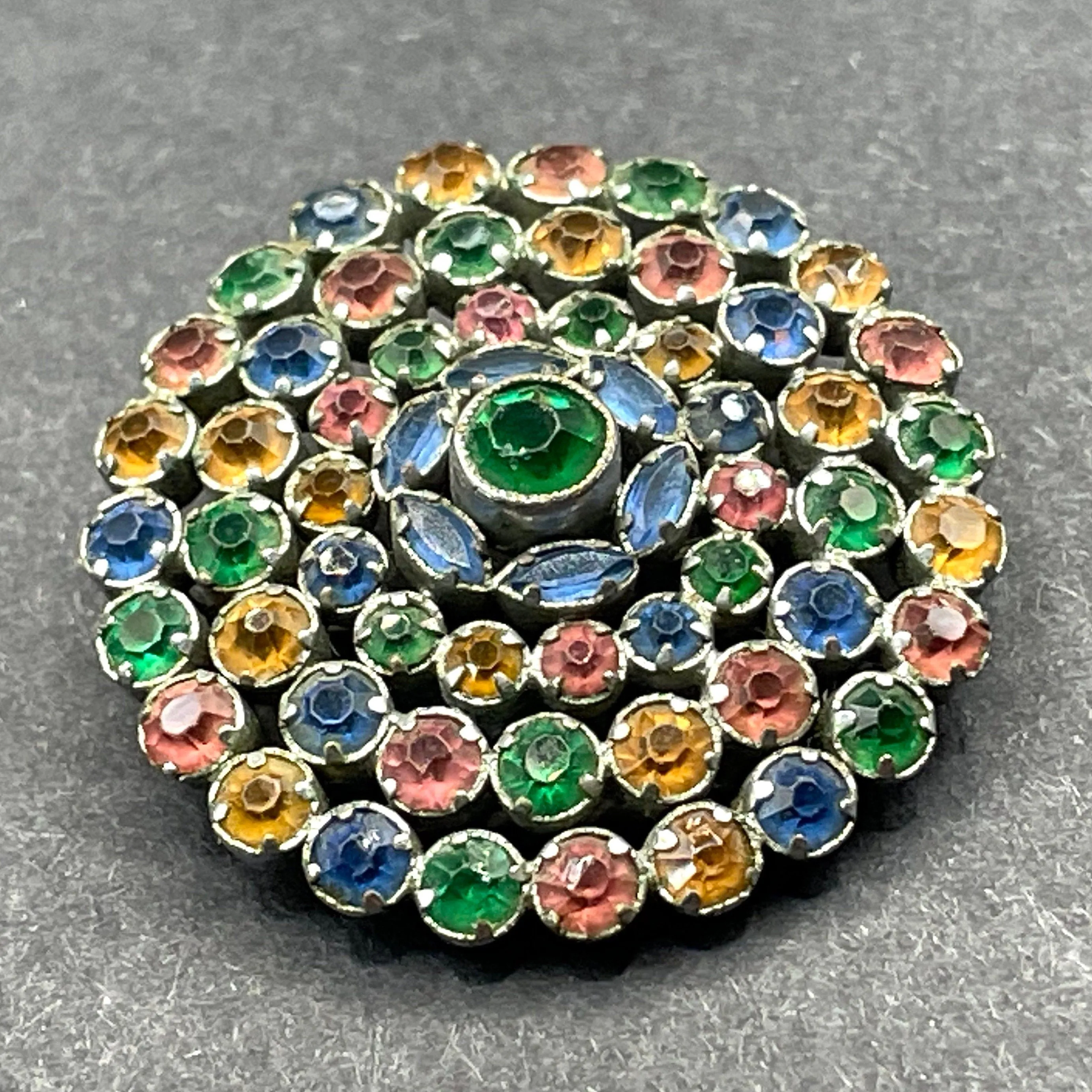 Vintage multi-coloured crystal floral cluster brooch - pink, yellow, blue and green colourful rhinestones set open-backed in silver tone