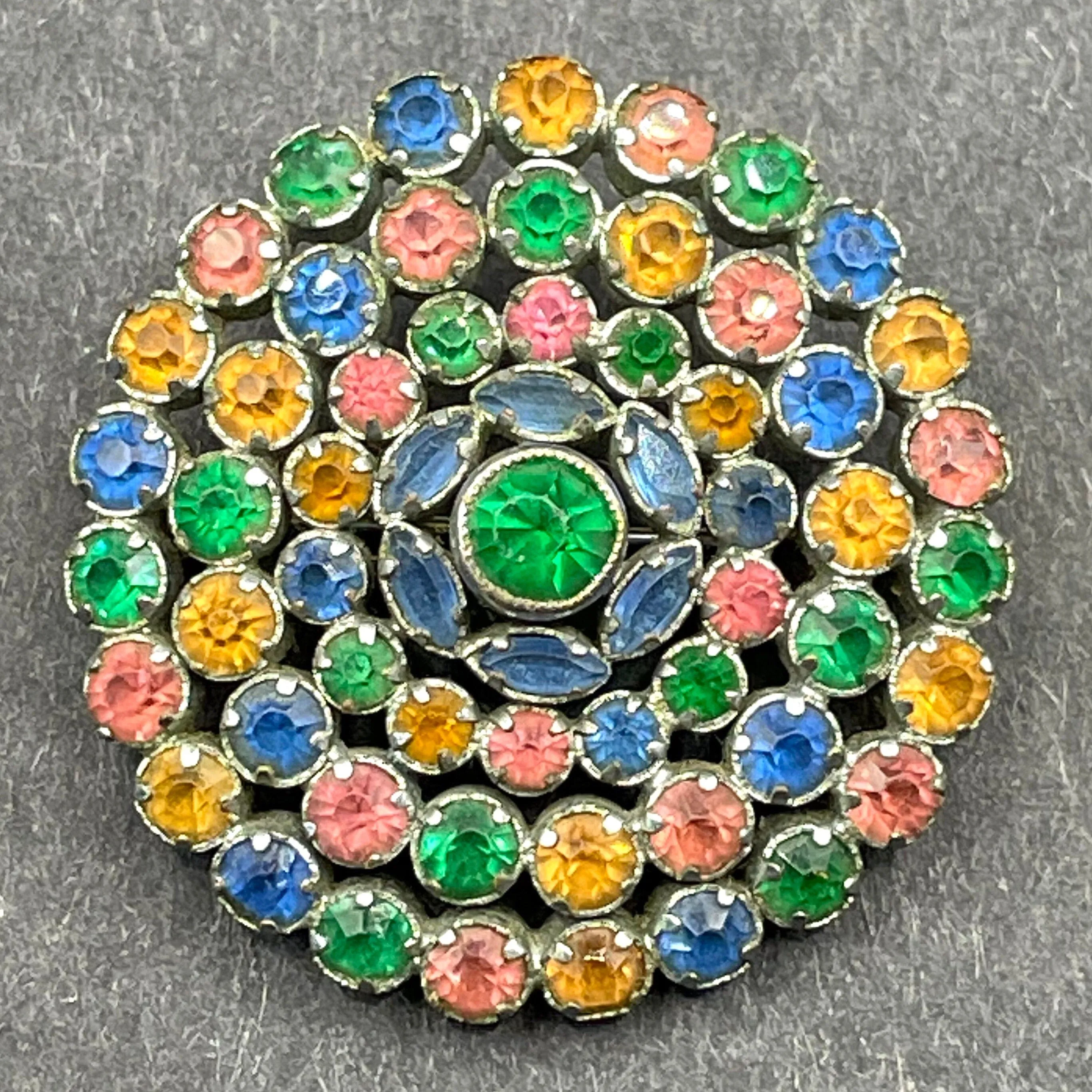 Vintage multi-coloured crystal floral cluster brooch - pink, yellow, blue and green colourful rhinestones set open-backed in silver tone