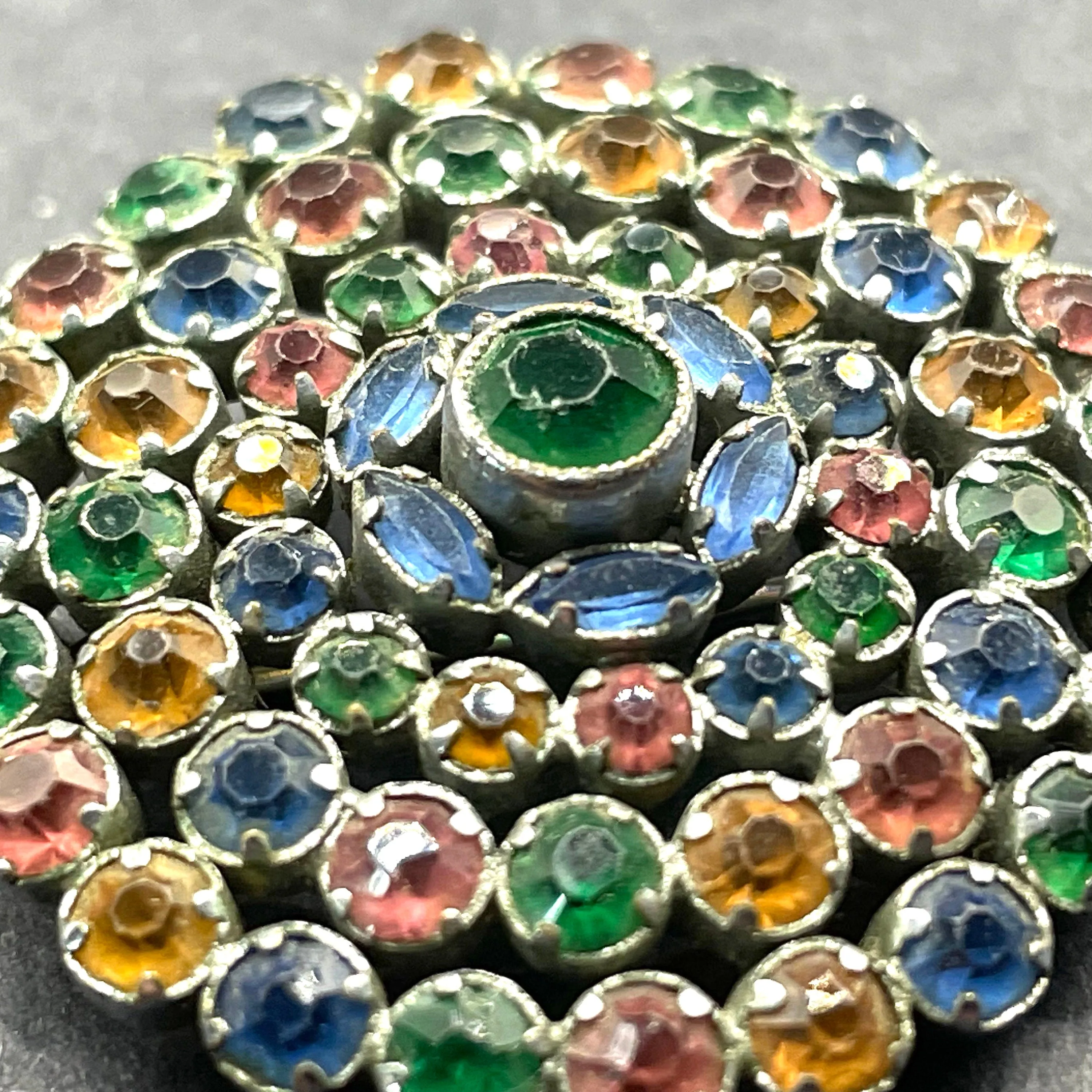 Vintage multi-coloured crystal floral cluster brooch - pink, yellow, blue and green colourful rhinestones set open-backed in silver tone