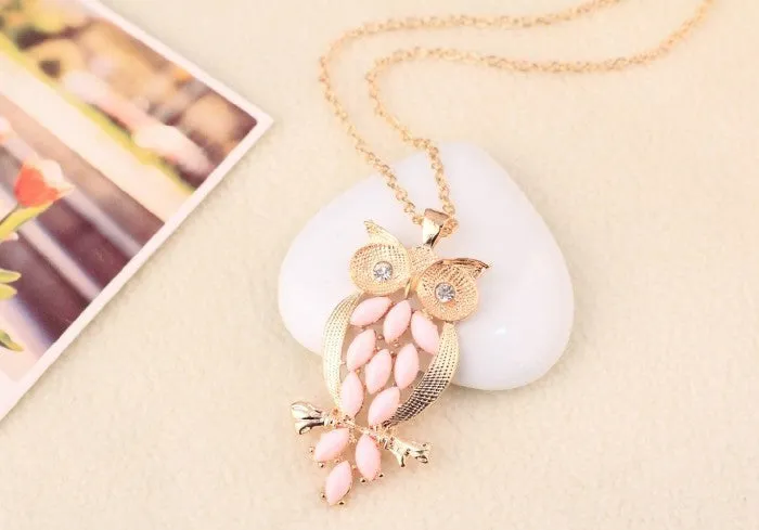 Vintage Pink Gem owl chain long necklace jewelry for women Ancient Retro Owl Sweater Chain for women