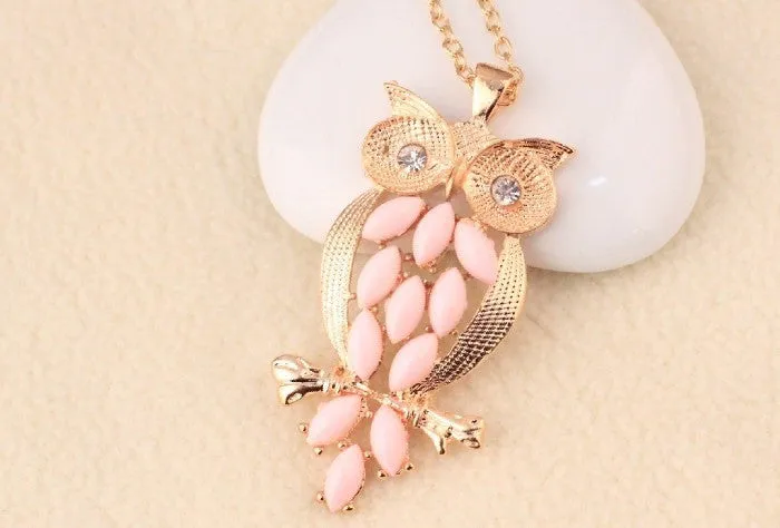 Vintage Pink Gem owl chain long necklace jewelry for women Ancient Retro Owl Sweater Chain for women