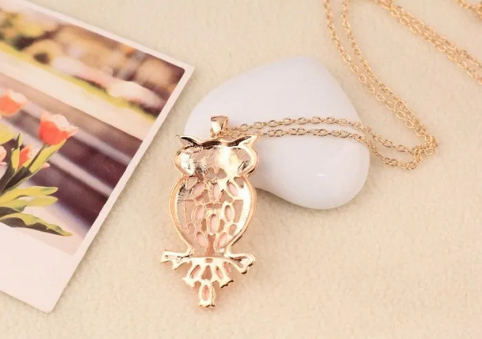 Vintage Pink Gem owl chain long necklace jewelry for women Ancient Retro Owl Sweater Chain for women