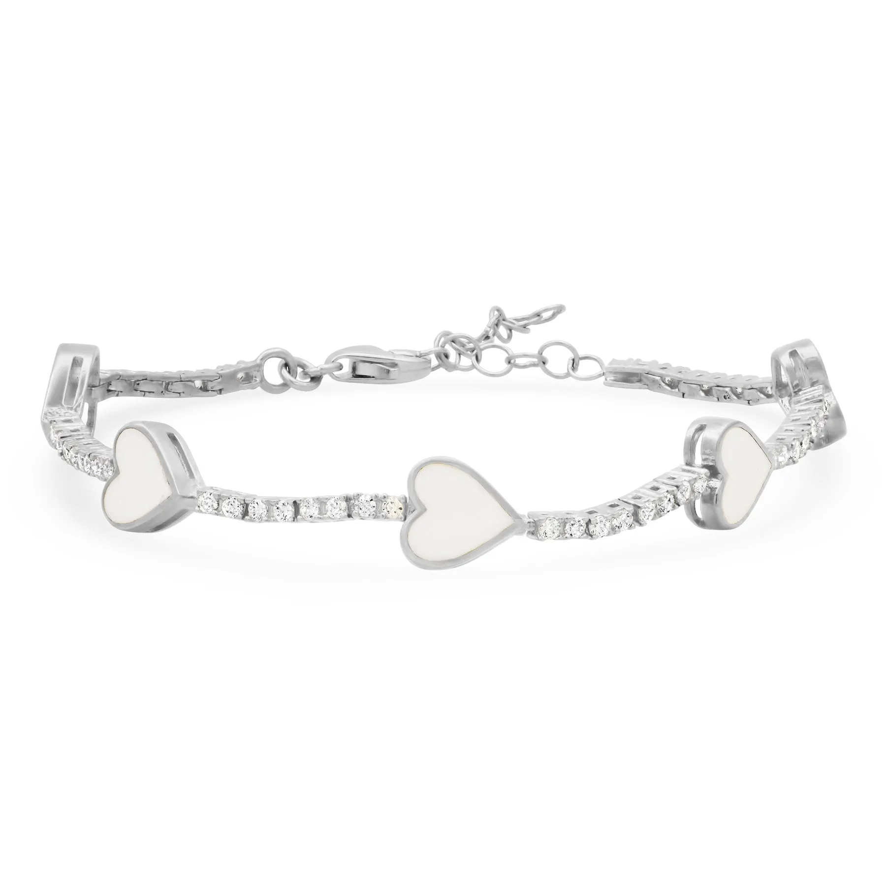 WHITE HEARTS ENAMEL BRACELET, SILVER