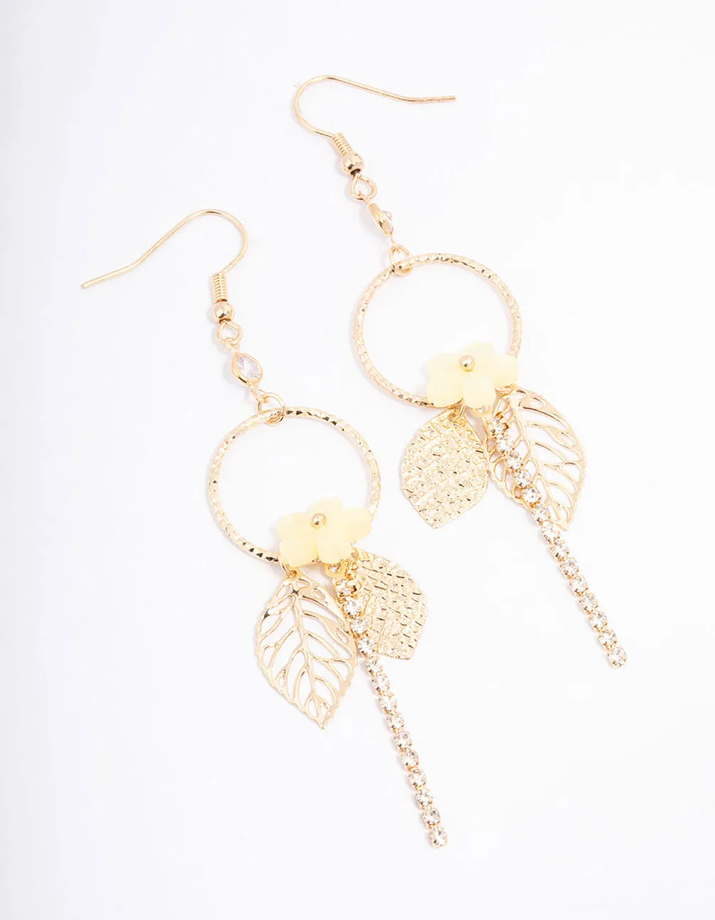 Yellow Circle Flower Leaf Chain Drop Earrings