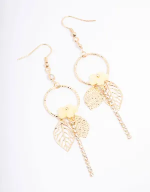 Yellow Circle Flower Leaf Chain Drop Earrings